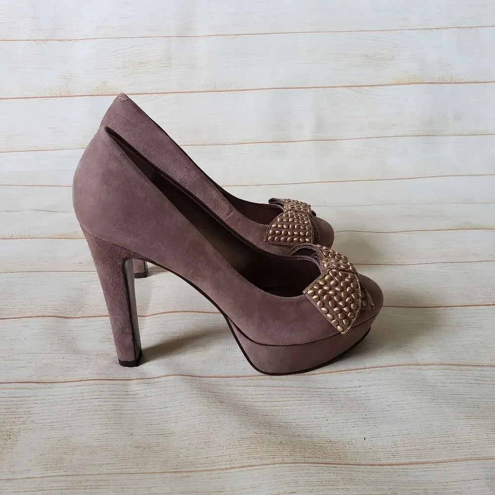 Nine West Memorie Suede Leather Round Toe Bow Platform Heels Pink Size 7 1/2M
